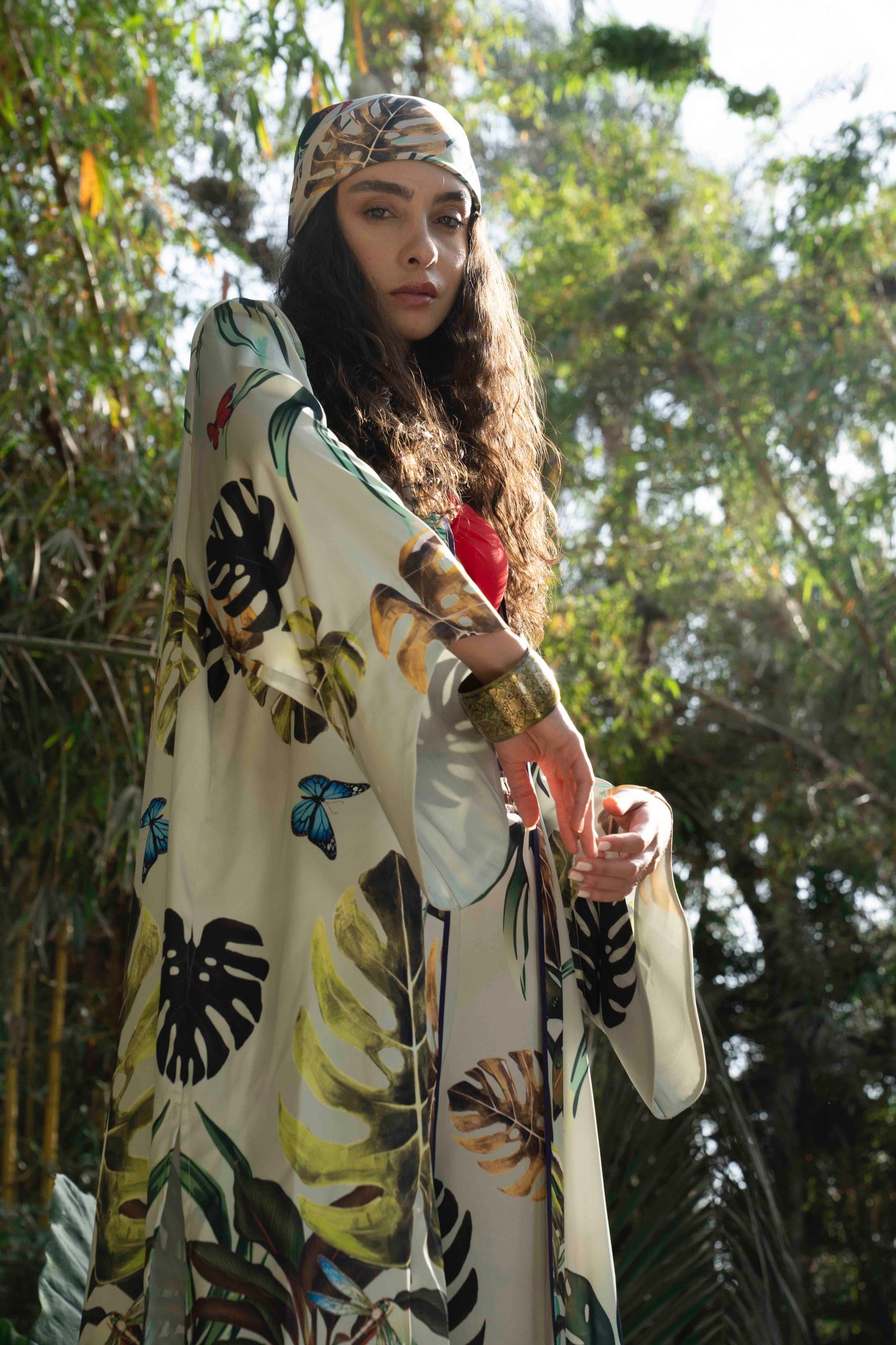 Wild Satin Cardigan In Wild Leaves Print