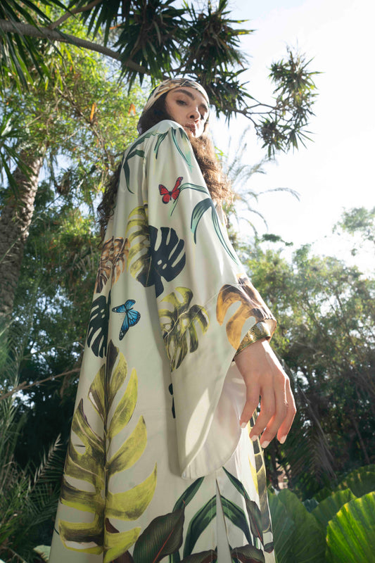 Wild Satin Cardigan In Wild Leaves Print