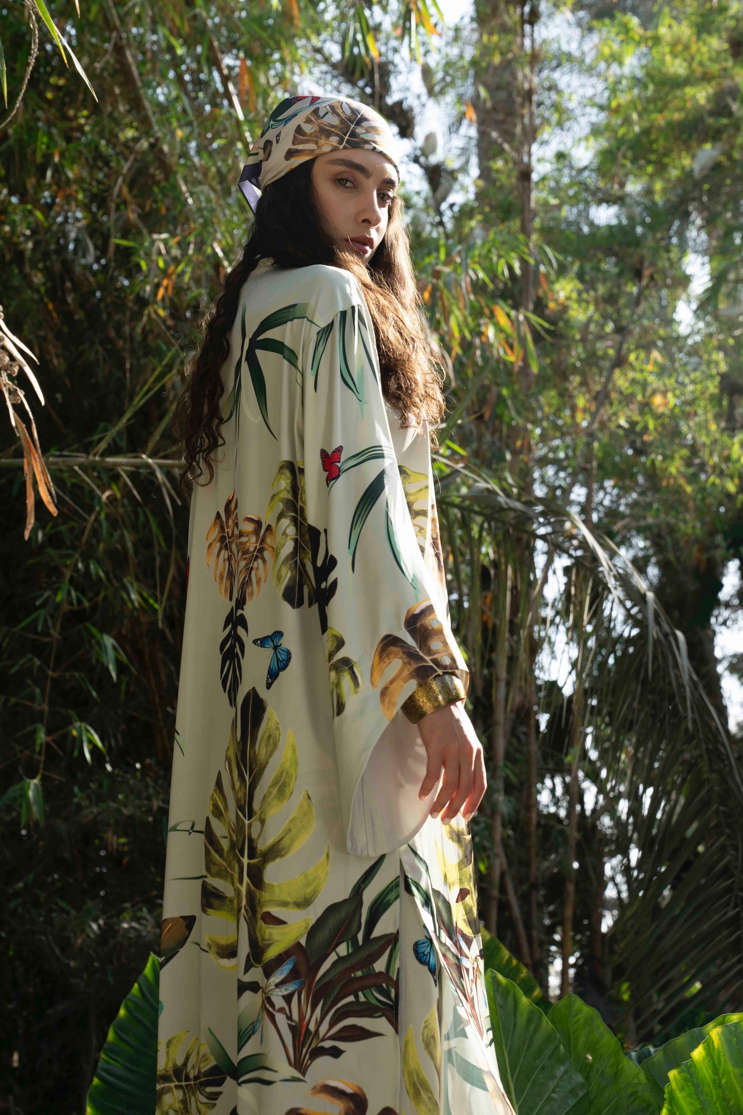 Wild Satin Cardigan In Wild Leaves Print